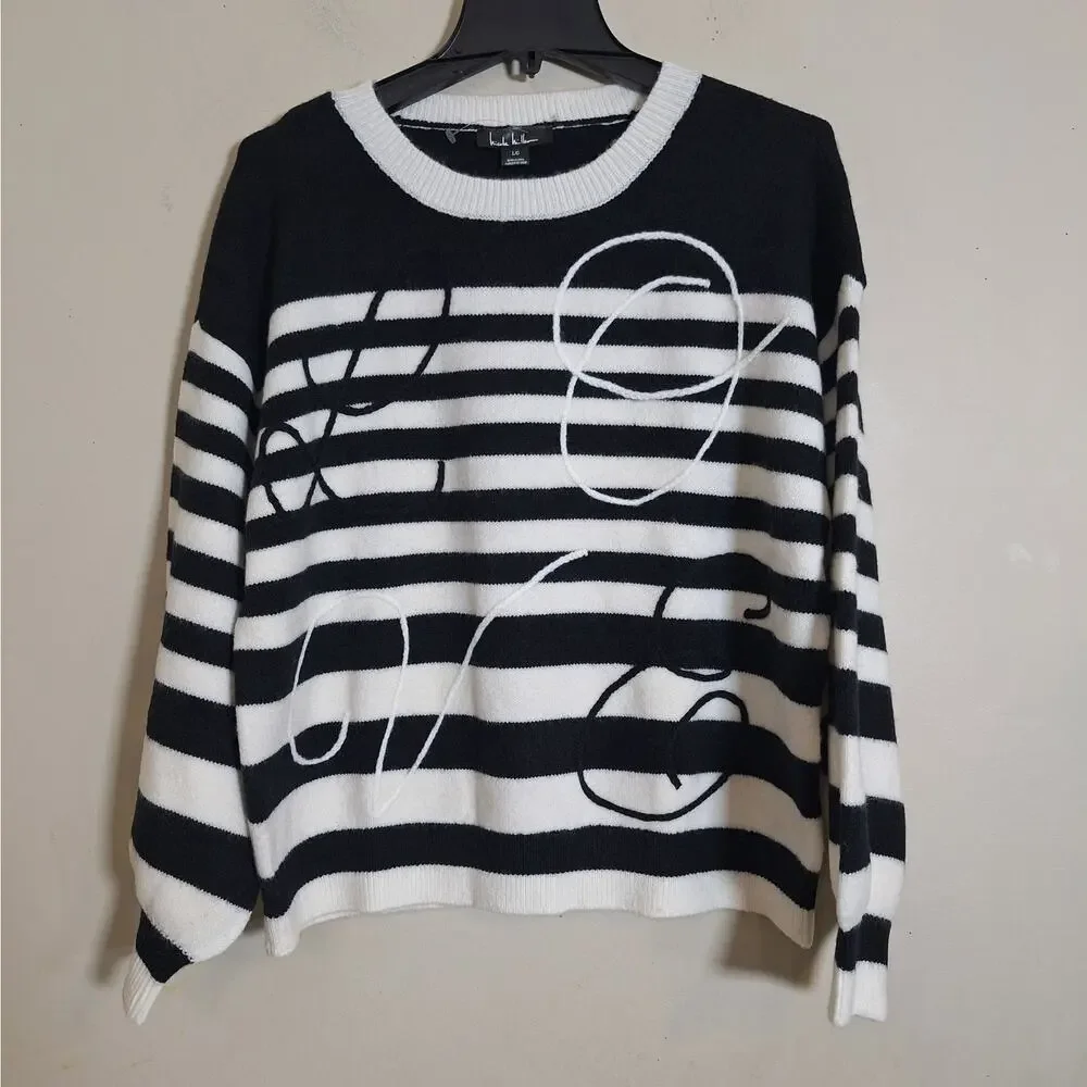 Nicole Miller Abstract Embroidered Sweater in Black and White